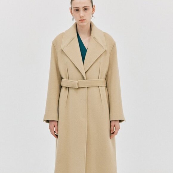 WNDERKAMMER Women's Coat Wide Collar Belted Long Wool Beige Size S NWT